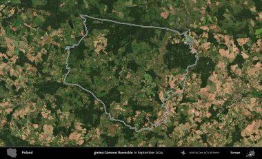 gmina Gorowo Ilaweckie. Eylül 2024 'te çekilen Kopernik Nöbetçi karolarından oluşan bir uydu görüntüsünde Polonya' nın idari bölgesinin ana hatları belirlendi