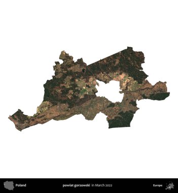 powiat gorzowski. Polonya idari bölgesi, Mart 2022 'de çekilen Kopernik Nöbetçi karolarından oluşan bir uydu görüntüsü üzerinde beyaza izole edildi.