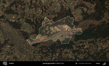 powiat gorzowski. Polonya 'nın idari alanı, Mart 2022' de çekilen Kopernik Nöbetçi karolarından oluşan koyu renkli bir uydu görüntüsü üzerine vurgulandı ve özetlendi.