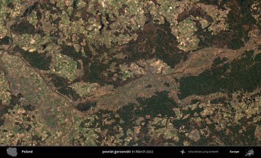 powiat gorzowski. Copernicus Sentinel 'in Mart 2022' de çekilmiş uydu görüntüsü üzerine Polonya 'nın idari bölgesi.
