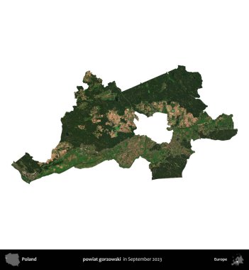 powiat gorzowski. Polonya idari bölgesi, Eylül 2023 'te çekilen Kopernik Nöbetçi karolarından oluşan bir uydu görüntüsü üzerinde beyaza izole edildi.