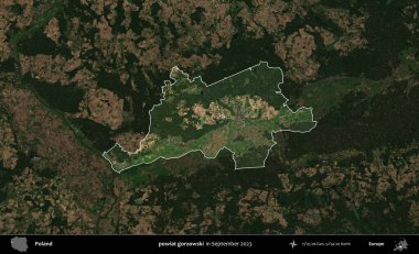 powiat gorzowski. Polonya 'nın idari alanı, Eylül 2023' te çekilen Kopernik Nöbetçi karolarından oluşan koyu renkli bir uydu görüntüsü üzerine vurgulandı ve özetlendi.