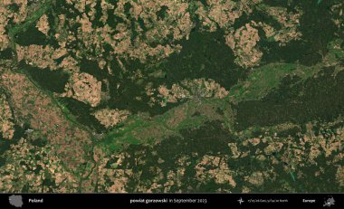 powiat gorzowski. Eylül 2023 'te Copernicus Sentinel karolarından oluşan uydu görüntüsü üzerine Polonya' nın idari bölgesi