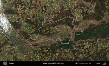 powiat gorzowski. Polonya 'nın idari bölgesinin ana hatları, Mart 2025' te çekilen Kopernik Nöbetçi karolarından oluşan bir uydu görüntüsü üzerine çizildi.