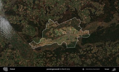 powiat gorzowski. Polonya 'nın idari alanı, Mart 2025' te çekilen Kopernik Nöbetçi karolarından oluşan koyu renkli bir uydu görüntüsü üzerine vurgulandı ve özetlendi