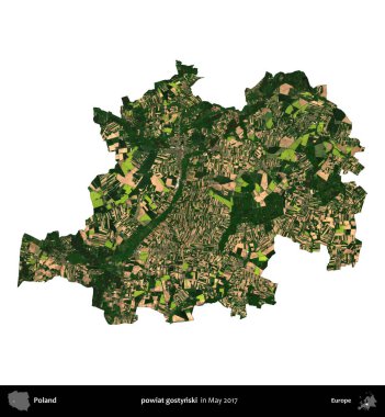 powiat gostynski. Polonya idari bölgesi, Mayıs 2017 'de çekilen Kopernik Nöbetçi karolarından oluşan bir uydu görüntüsü üzerinde beyaza izole edildi.