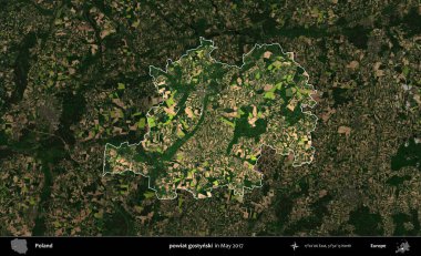 powiat gostynski. Polonya 'nın idari alanı, Mayıs 2017' de çekilen Kopernik Nöbetçi karolarından oluşan koyu renkli bir uydu görüntüsü üzerinde vurgulandı ve özetlendi.
