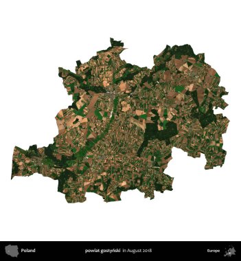 powiat gostynski. Polonya idari bölgesi, Ağustos 2018 'de çekilen Kopernik Nöbetçi karolarından oluşan bir uydu görüntüsü üzerinde beyaza izole edildi.