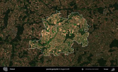 powiat gostynski. Polonya 'nın idari alanı, Ağustos 2018' de çekilen Kopernik Nöbetçi karolarından oluşan koyu renkli bir uydu görüntüsü üzerine vurgulandı ve özetlendi