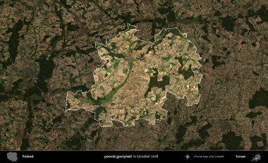 powiat gostynski. Polonya 'nın idari alanı, Ekim 2018' de çekilen Kopernik Nöbetçi karolarından oluşan koyu renkli bir uydu görüntüsü üzerine vurgulandı ve özetlendi