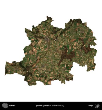 powiat gostynski. Polonya idari bölgesi, Mart 2025 'te çekilen Kopernik Nöbetçi karolarından oluşan bir uydu görüntüsü üzerinde beyaza izole edildi.