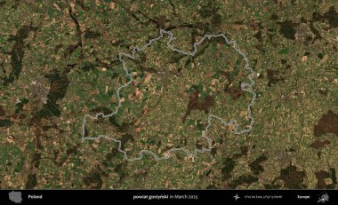 powiat gostynski. Polonya 'nın idari bölgesinin ana hatları, Mart 2025' te çekilen Kopernik Nöbetçi karolarından oluşan bir uydu görüntüsü üzerine çizildi.