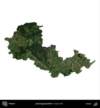 powiat gostyninski. Polonya idari bölgesi, Haziran 2018 'de çekilen Kopernik Nöbetçi karolarından oluşan bir uydu görüntüsü üzerinde beyaza izole edildi.