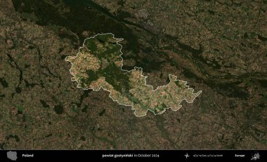 powiat gostyninski. Polonya 'nın idari alanı, Ekim 2024' te çekilen Kopernik Nöbetçi karolarından oluşan koyu renkli bir uydu görüntüsü üzerine vurgulandı ve özetlendi