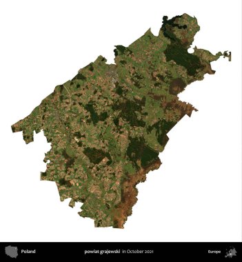powiat grajewski. Polonya idari bölgesi, Ekim 2021 'de çekilen Kopernik Nöbetçi karolarından oluşan bir uydu görüntüsü üzerinde beyaza izole edildi.