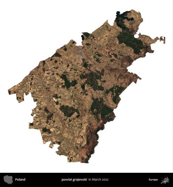 powiat grajewski. Polonya idari bölgesi, Mart 2022 'de çekilen Kopernik Nöbetçi karolarından oluşan bir uydu görüntüsü üzerinde beyaza izole edildi.