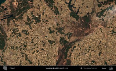 powiat grajewski. Copernicus Sentinel 'in Mart 2022' de çekilmiş uydu görüntüsü üzerine Polonya 'nın idari bölgesi.