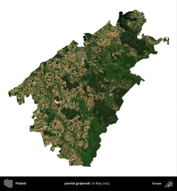 powiat grajewski. Polonya 'nın idari bölgesi, Mayıs 2023' te çekilen Kopernik Nöbetçi Fayanslarından oluşan bir uydu görüntüsüyle beyaza izole edildi.