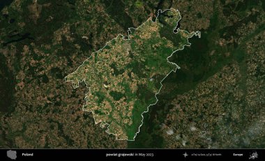 powiat grajewski. Polonya 'nın idari alanı, Mayıs 2023' te çekilen Kopernik Nöbetçi karolarından oluşan koyu renkli bir uydu görüntüsü üzerinde vurgulandı ve özetlendi.