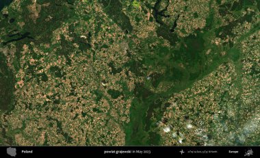 powiat grajewski. Copernicus Sentinel 'in Mayıs 2023' te çekilmiş uydu görüntüsü üzerine Polonya 'nın idari bölgesi.