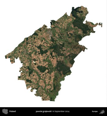 powiat grajewski. Polonya idari bölgesi, Eylül 2024 'te çekilen Kopernik Nöbetçi karolarından oluşan bir uydu görüntüsü üzerinde beyaza izole edildi.