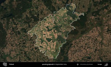 powiat grajewski. Polonya 'nın idari alanı, Eylül 2024' te çekilen Kopernik Nöbetçi karolarından oluşan koyu renkli bir uydu görüntüsü üzerine vurgulandı ve özetlendi