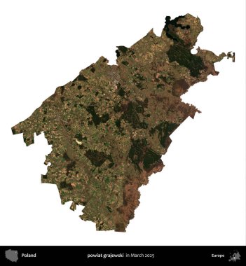 powiat grajewski. Polonya idari bölgesi, Mart 2025 'te çekilen Kopernik Nöbetçi karolarından oluşan bir uydu görüntüsü üzerinde beyaza izole edildi.