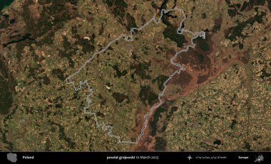 powiat grajewski. Polonya 'nın idari bölgesinin ana hatları, Mart 2025' te çekilen Kopernik Nöbetçi karolarından oluşan bir uydu görüntüsü üzerine çizildi.