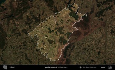 powiat grajewski. Polonya 'nın idari alanı, Mart 2025' te çekilen Kopernik Nöbetçi karolarından oluşan koyu renkli bir uydu görüntüsü üzerine vurgulandı ve özetlendi