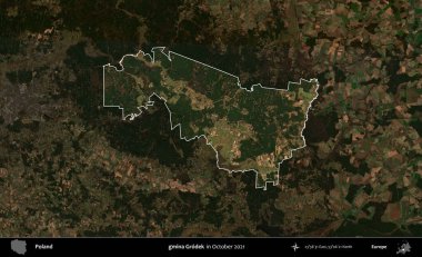 gmina Grodek. Polonya 'nın idari alanı, Ekim 2021' de çekilen Kopernik Nöbetçi karolarından oluşan koyu renkli bir uydu görüntüsü üzerine vurgulandı ve özetlendi