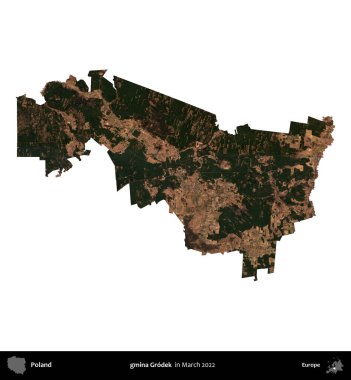 gmina Grodek. Polonya idari bölgesi, Mart 2022 'de çekilen Kopernik Nöbetçi karolarından oluşan bir uydu görüntüsü üzerinde beyaza izole edildi.