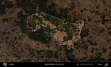 gmina Grodek. Polonya 'nın idari alanı, Mart 2022' de çekilen Kopernik Nöbetçi karolarından oluşan koyu renkli bir uydu görüntüsü üzerine vurgulandı ve özetlendi.