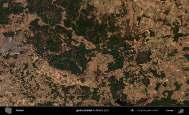 gmina Grodek. Copernicus Sentinel 'in Mart 2022' de çekilmiş uydu görüntüsü üzerine Polonya 'nın idari bölgesi.