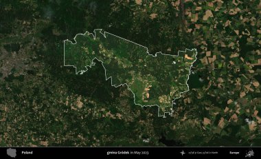 gmina Grodek. Polonya 'nın idari alanı, Mayıs 2023' te çekilen Kopernik Nöbetçi karolarından oluşan koyu renkli bir uydu görüntüsü üzerinde vurgulandı ve özetlendi.