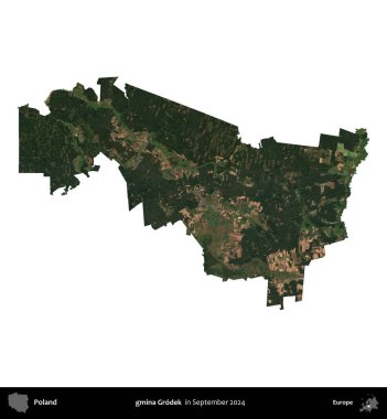 gmina Grodek. Polonya idari bölgesi, Eylül 2024 'te çekilen Kopernik Nöbetçi karolarından oluşan bir uydu görüntüsü üzerinde beyaza izole edildi.