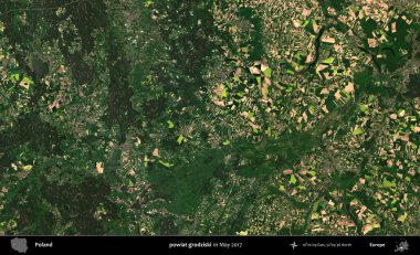 powiat grodziski. Copernicus Sentinel 'in Mayıs 2017' de çekilmiş uydu görüntüsü üzerine Polonya 'nın idari bölgesi.