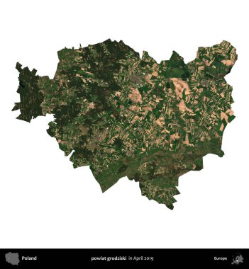 powiat grodziski. Polonya idari bölgesi, Nisan 2019 'da çekilen Kopernik Nöbetçi karolarından oluşan bir uydu görüntüsü üzerinde beyaza izole edildi.