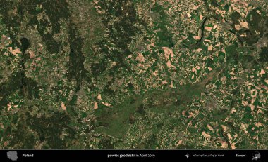 powiat grodziski. Nisan 2019 'da çekilen Kopernik Sentinel karolarından oluşan bir uydu görüntüsü üzerine Polonya' nın idari bölgesi