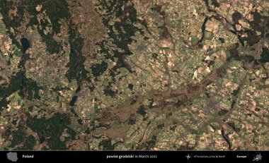 powiat grodziski. Copernicus Sentinel 'in Mart 2022' de çekilmiş uydu görüntüsü üzerine Polonya 'nın idari bölgesi.