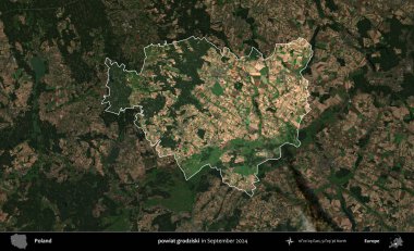 powiat grodziski. Polonya 'nın idari alanı, Eylül 2024' te çekilen Kopernik Nöbetçi karolarından oluşan koyu renkli bir uydu görüntüsü üzerine vurgulandı ve özetlendi