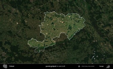 powiat grojecki. Polonya 'nın idari alanı, Haziran 2018' de çekilen Kopernik Nöbetçi karolarından oluşan koyu renkli bir uydu görüntüsüyle vurgulandı ve özetlendi