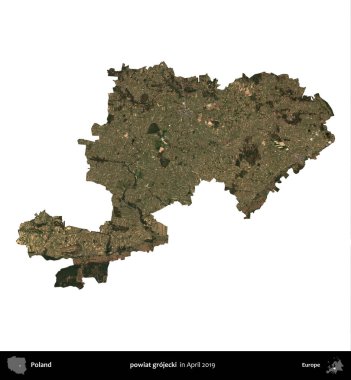 powiat grojecki. Polonya idari bölgesi, Nisan 2019 'da çekilen Kopernik Nöbetçi karolarından oluşan bir uydu görüntüsü üzerinde beyaza izole edildi.