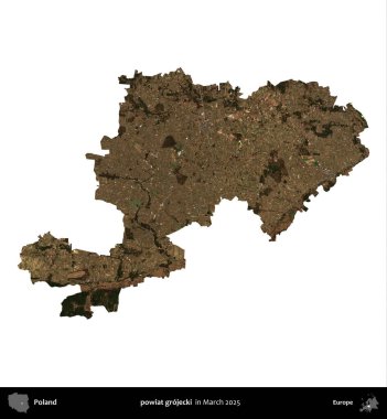 powiat grojecki. Polonya idari bölgesi, Mart 2025 'te çekilen Kopernik Nöbetçi karolarından oluşan bir uydu görüntüsü üzerinde beyaza izole edildi.