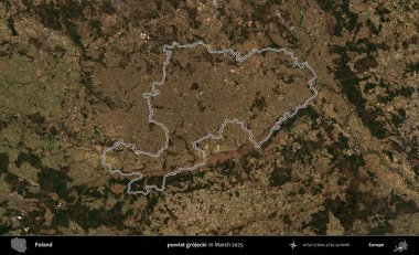 powiat grojecki. Polonya 'nın idari bölgesinin ana hatları, Mart 2025' te çekilen Kopernik Nöbetçi karolarından oluşan bir uydu görüntüsü üzerine çizildi.