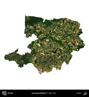 powiat grudziadzki. Polonya idari bölgesi, Mayıs 2016 'da çekilen Kopernik Nöbetçi karolarından oluşan uydu görüntüsü üzerinde beyaza izole edildi