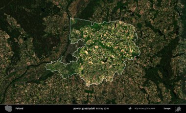 powiat grudziadzki. Polonya 'nın idari alanı, Mayıs 2016' da çekilen Kopernik Nöbetçi karolarından oluşan koyu renkli bir uydu görüntüsü üzerine vurgulandı ve özetlendi