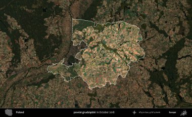 powiat grudziadzki. Polonya 'nın idari alanı, Ekim 2018' de çekilen Kopernik Nöbetçi karolarından oluşan koyu renkli bir uydu görüntüsü üzerine vurgulandı ve özetlendi