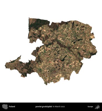 powiat grudziadzki. Polonya idari bölgesi, Mart 2022 'de çekilen Kopernik Nöbetçi karolarından oluşan bir uydu görüntüsü üzerinde beyaza izole edildi.