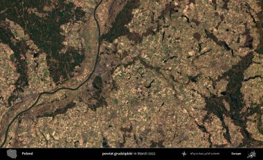powiat grudziadzki. Copernicus Sentinel 'in Mart 2022' de çekilmiş uydu görüntüsü üzerine Polonya 'nın idari bölgesi.