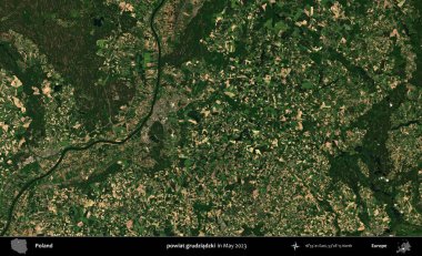 powiat grudziadzki. Copernicus Sentinel 'in Mayıs 2023' te çekilmiş uydu görüntüsü üzerine Polonya 'nın idari bölgesi.